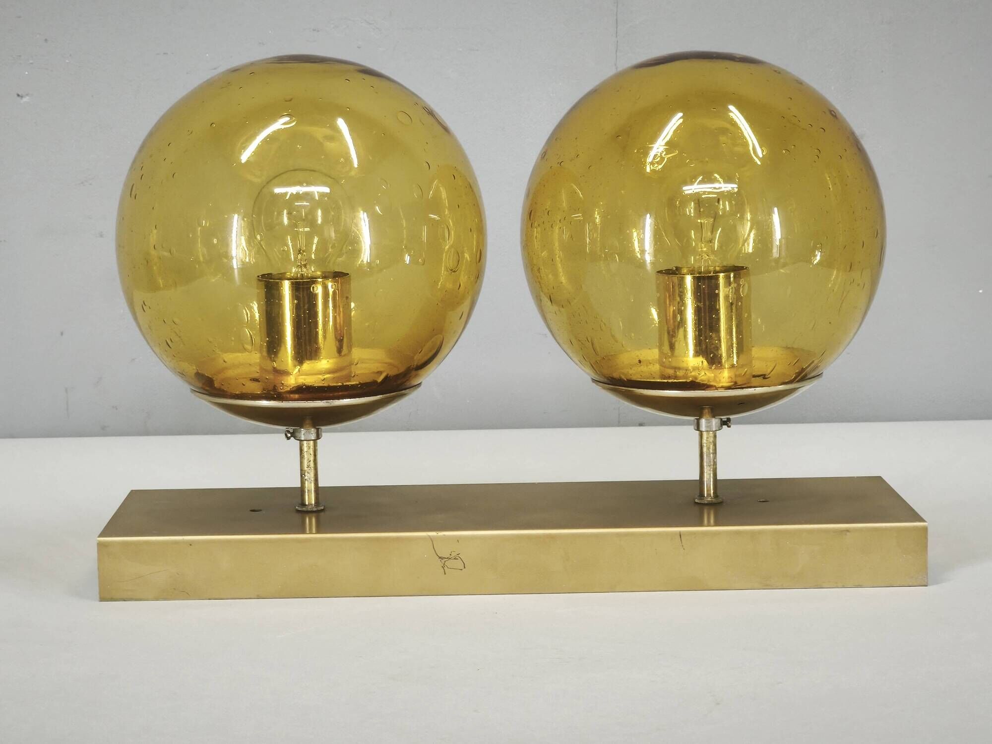 1970s Space Age Amber Glass Double Wall Lamp, Kamenický Šenov