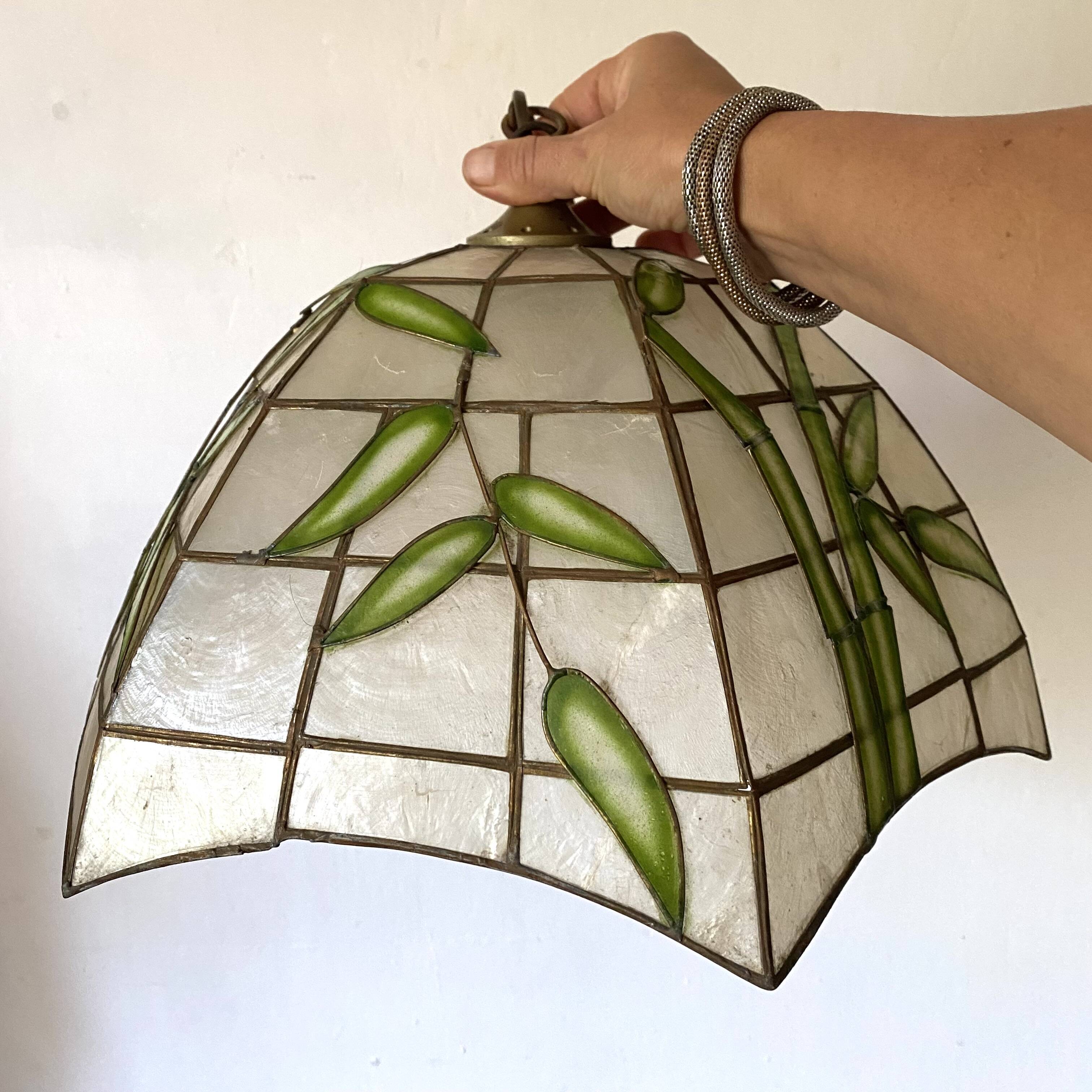 Pendant lamp in mother-of-pearl and brass with bamboo decor