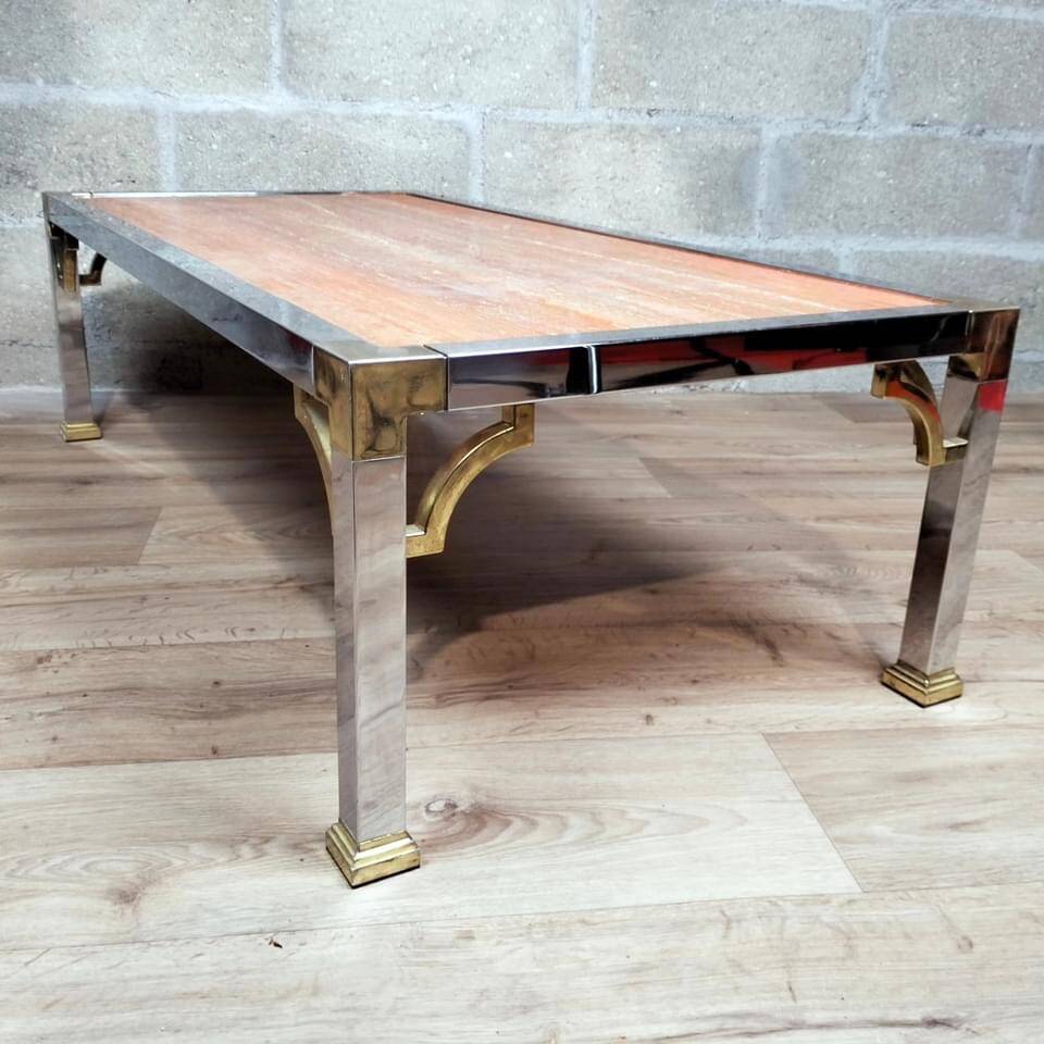 Vintage coffee table chrome steel and brass marble top Italy circa 1970