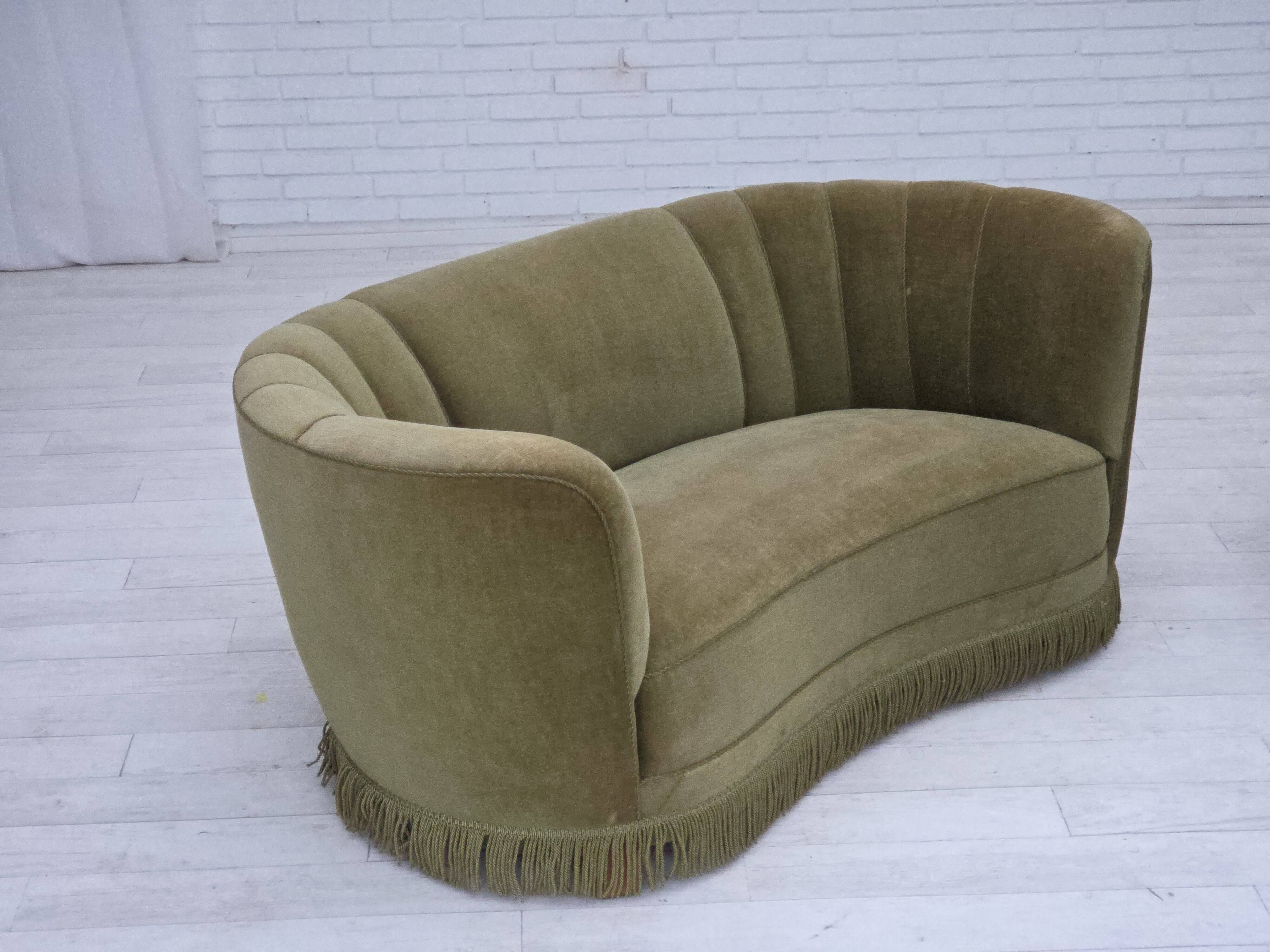 1960s, Danish 2-seater "Banana" sofa, original green furniture velour.
