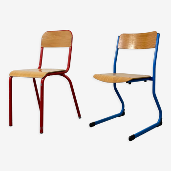 Set of 2 mismatched industrial school chairs