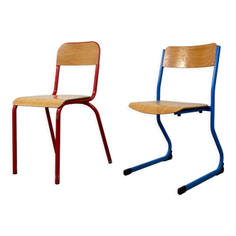 Set of 2 mismatched industrial school chairs