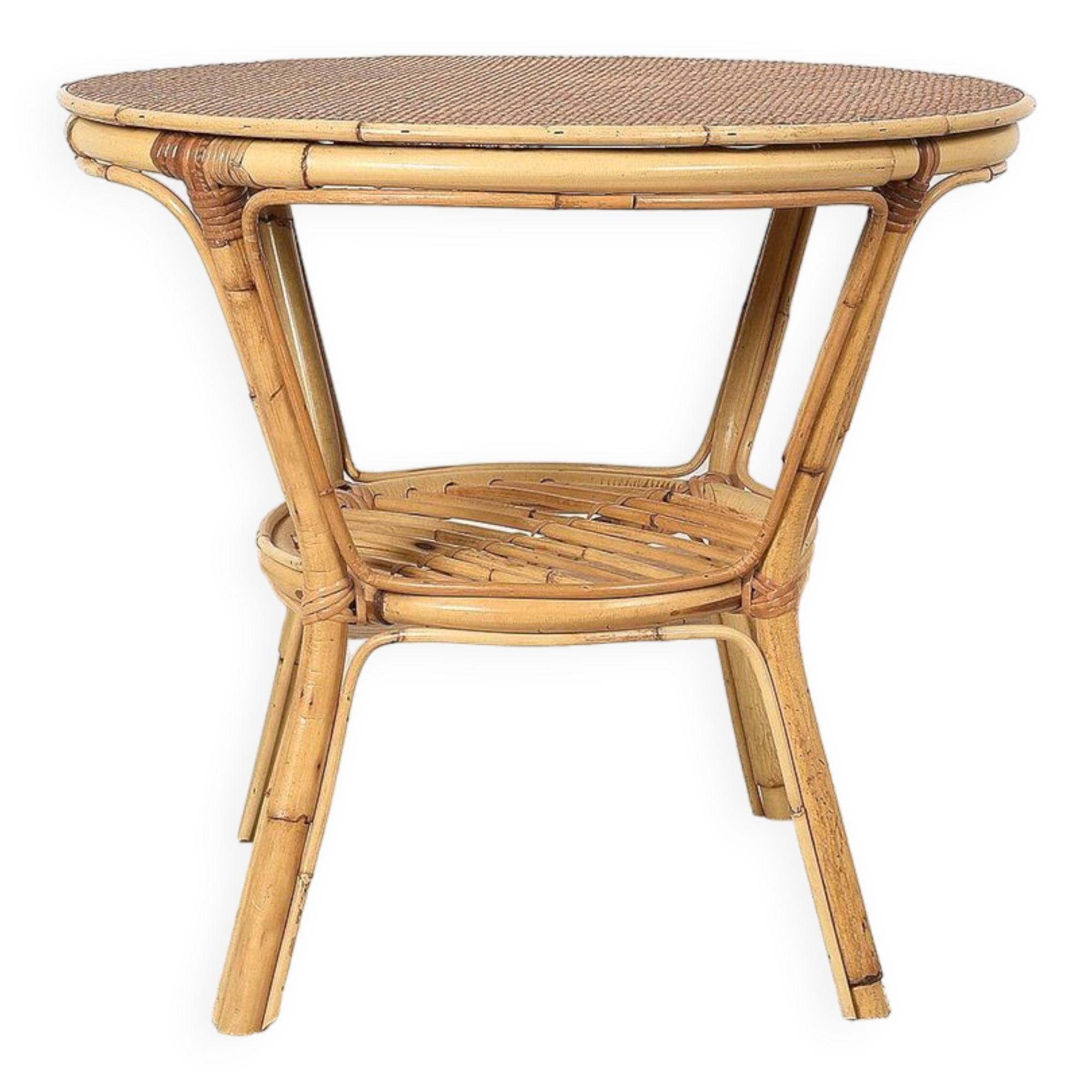 Old round rattan table, vintage from the 70s - 80s. Small table, or side table.