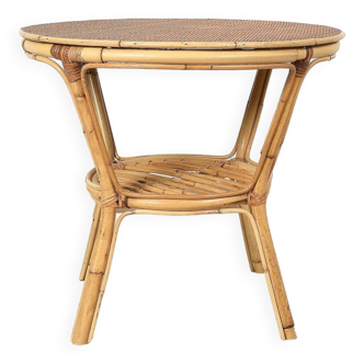 Old round rattan table, vintage from the 70s - 80s. Small table, or side table.