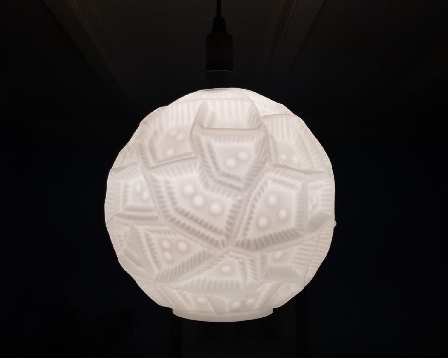 Glass sphere pendant light with teak, danish design, 70s