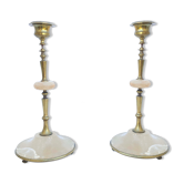 Pair brass and alabaster candlestick