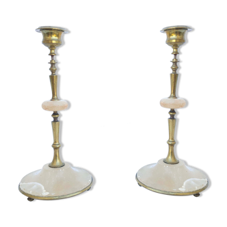 Pair brass and alabaster candlestick