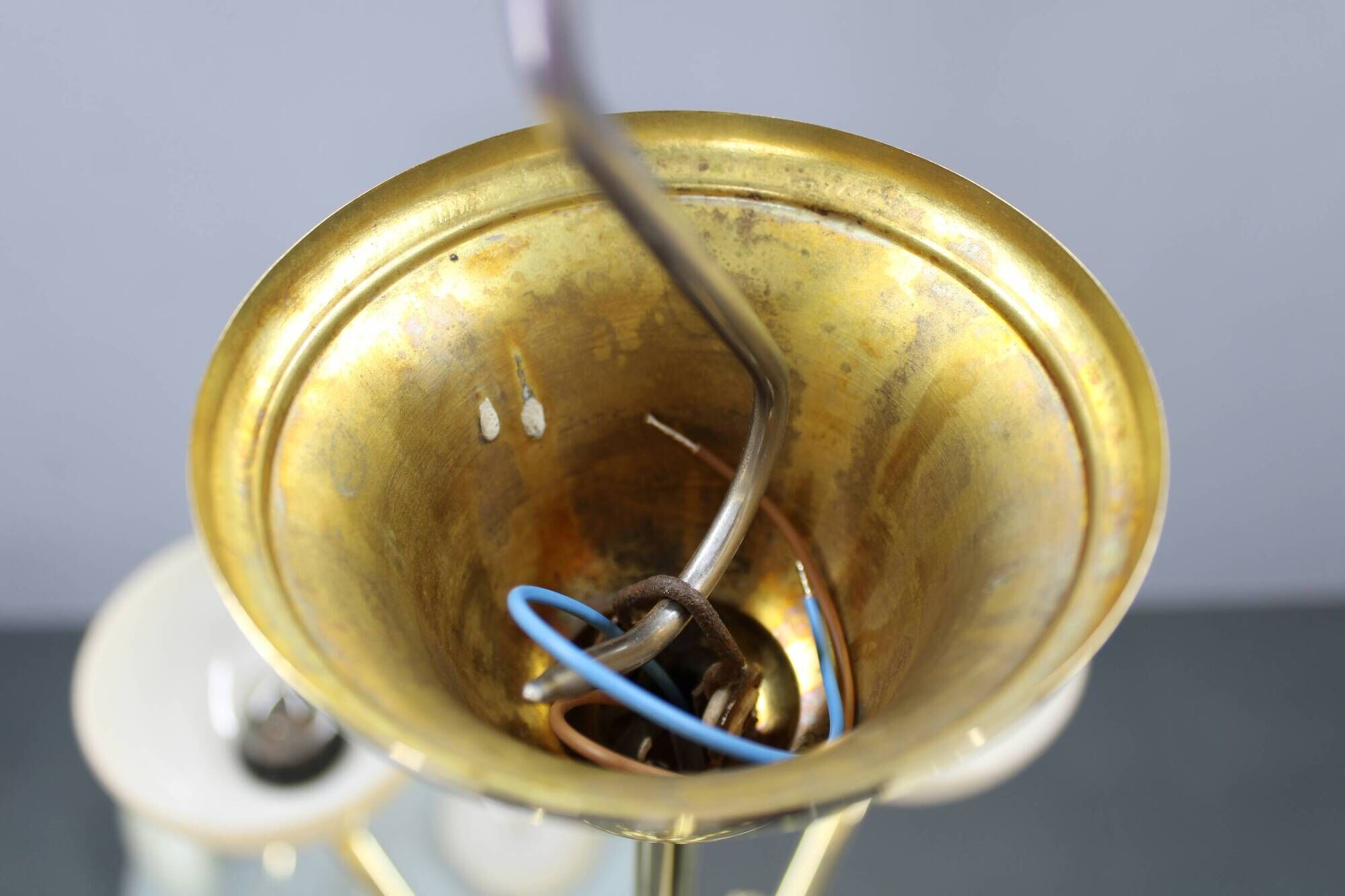 Art Deco brass chandelier with cream opaline glass, Czechoslovakia 1930s