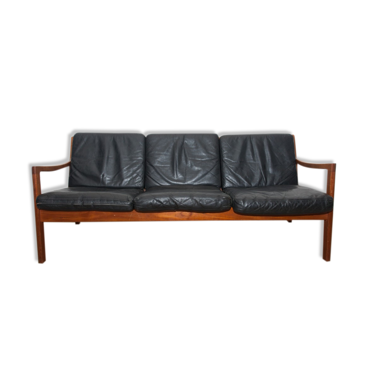 Black sofa 3 places leather and teak by Ole Wanscher for France & Søn