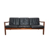Black sofa 3 places leather and teak by Ole Wanscher for France & Søn