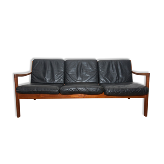 Black sofa 3 places leather and teak by Ole Wanscher for France & Søn