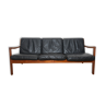 Black sofa 3 places leather and teak by Ole Wanscher for France & Søn