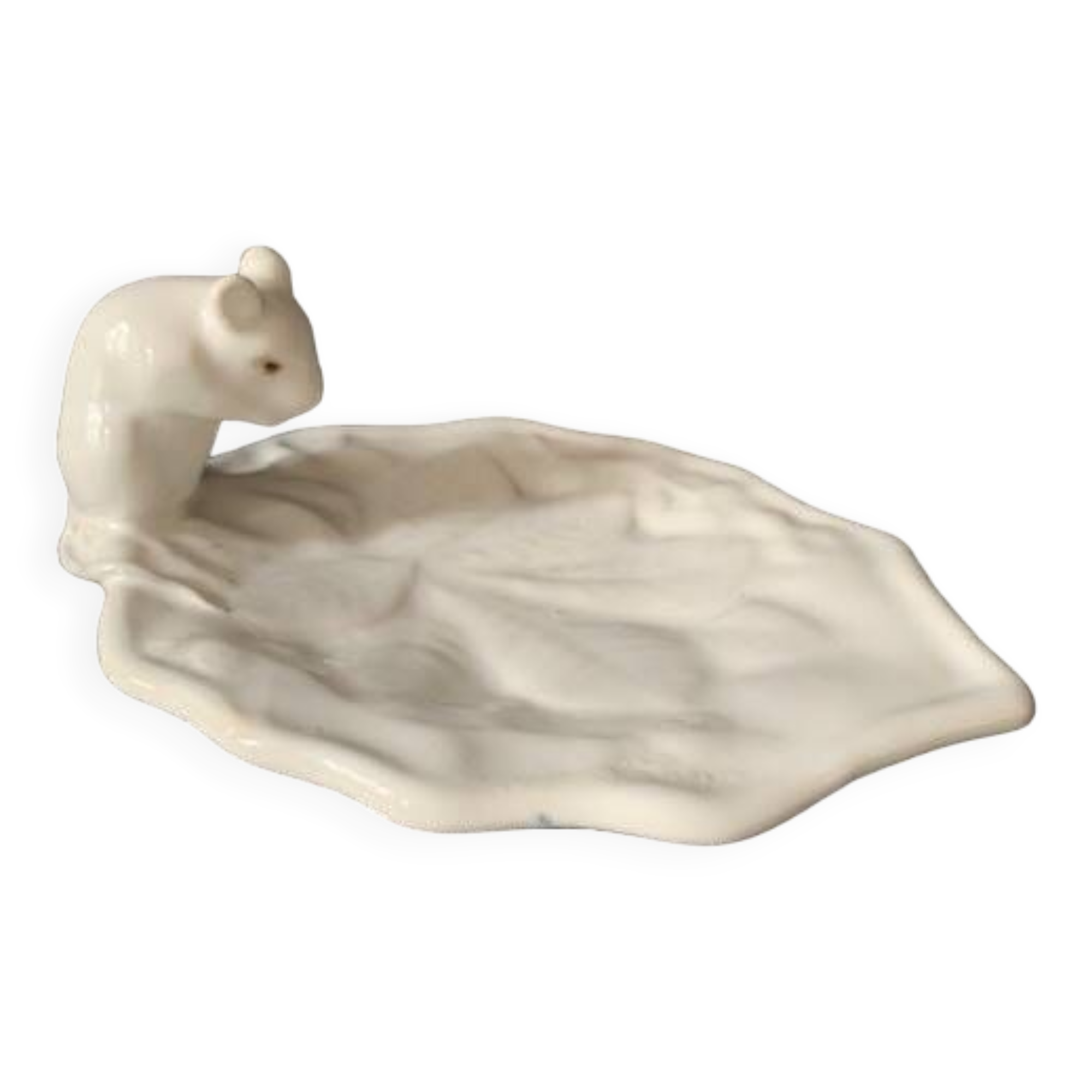 Mouse figurine plate in white enameled ceramic, signed