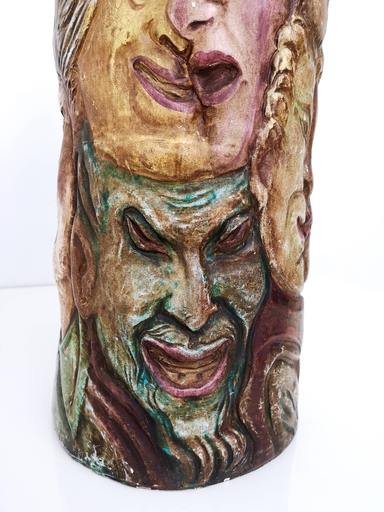 Unique Vintage Hand-Painted Vase with Faces Ascribable to Tullio d'Albisola