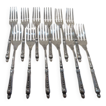 12 fourchettes à lunch métal argenté orfèvre Manulor manche à la russe