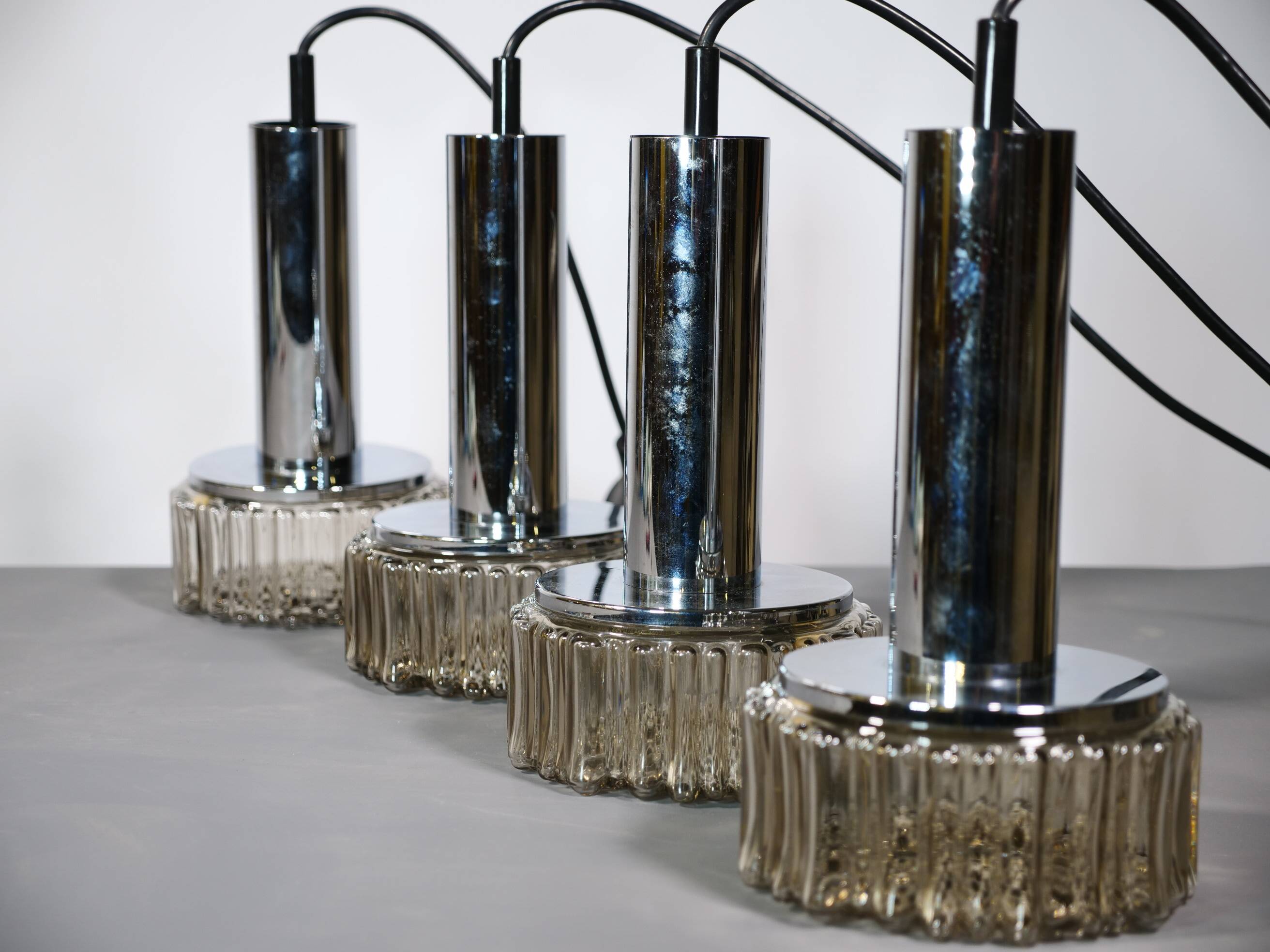 Space Age ceiling lamps bubble glass and chrome by Staff, Set of 4, 1970s