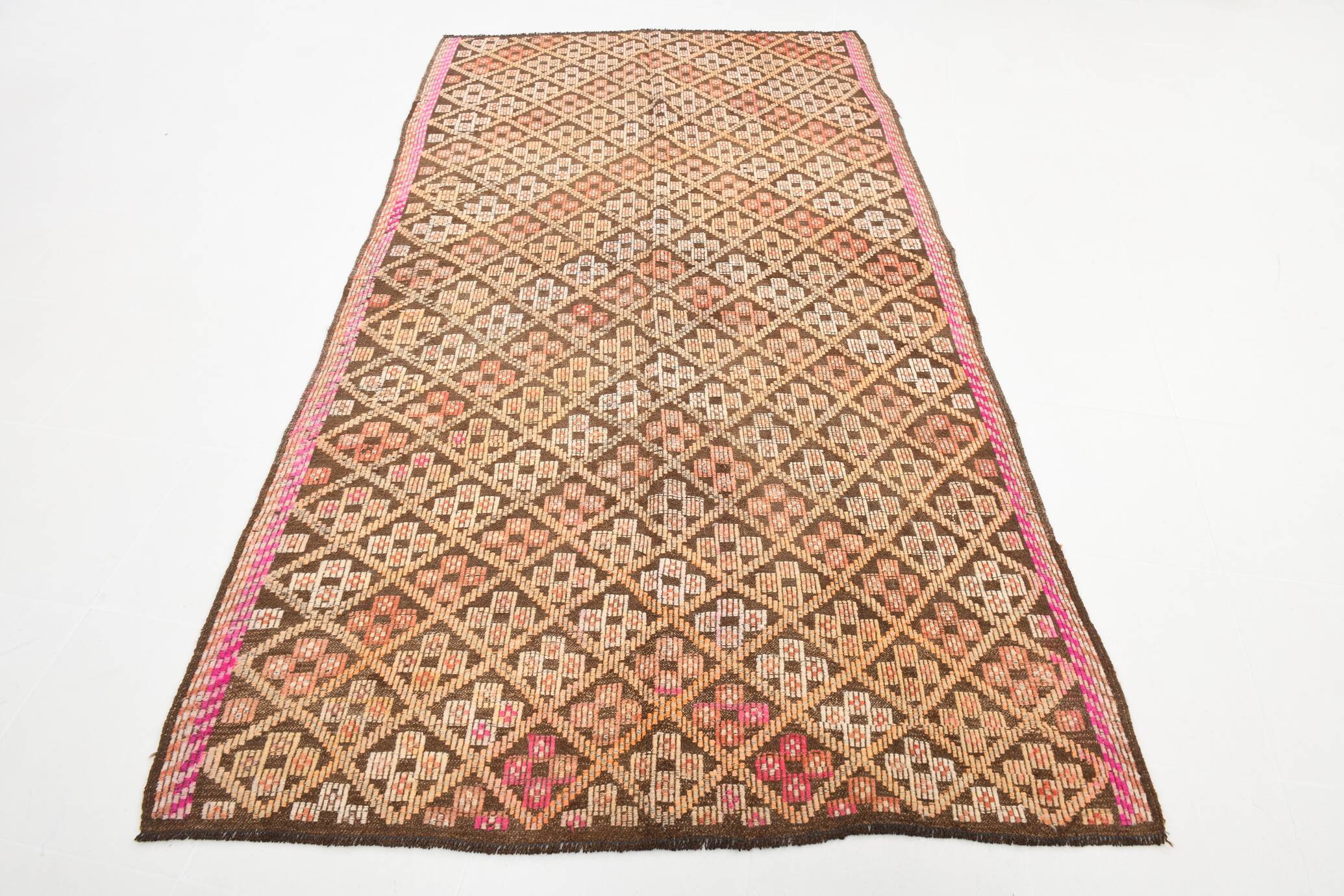 5x9 Yellow Brown Turkish Kilim Rug, 151x282Cm