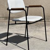 Vintage 1950s metal, oak and faux leather armchair