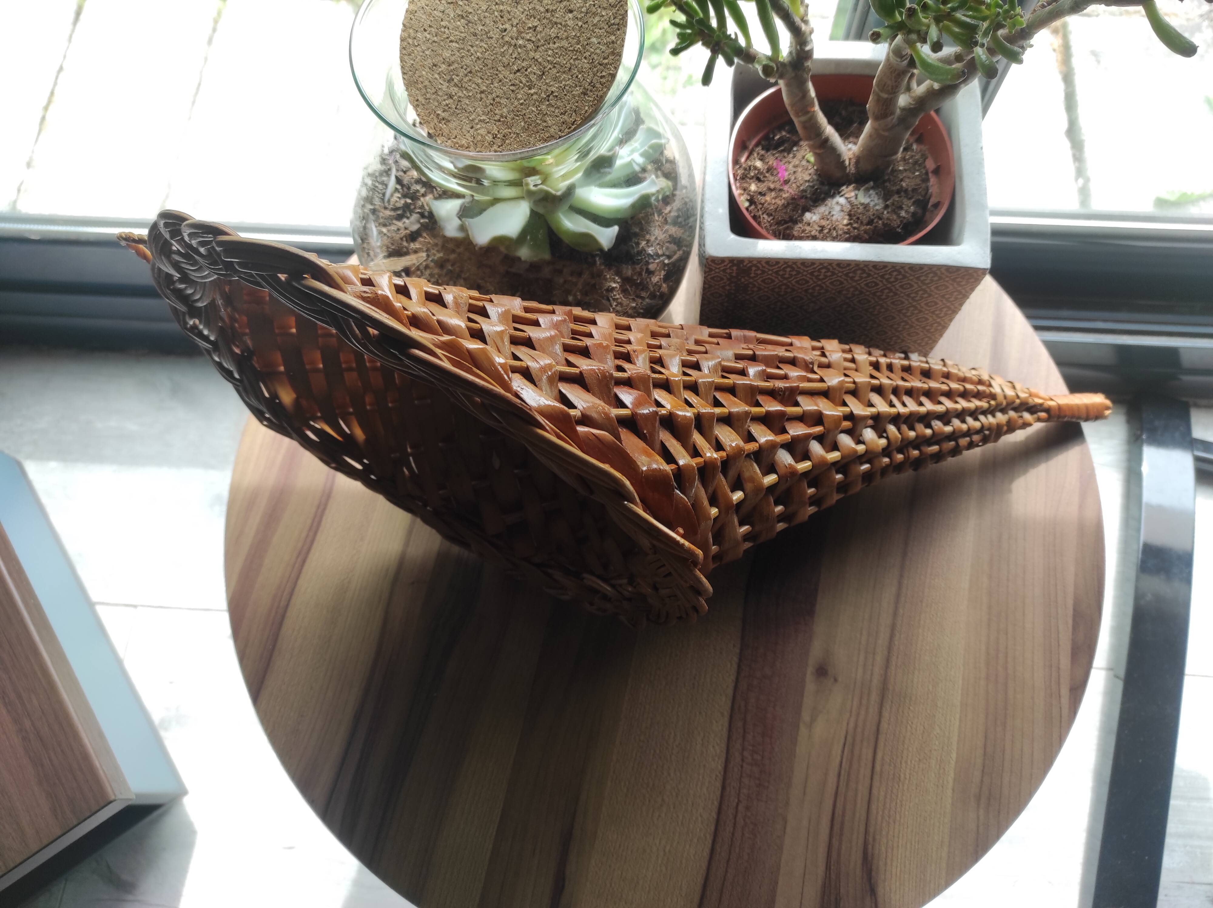 Large vintage woven wicker basket, cornucopia shape, to hang
