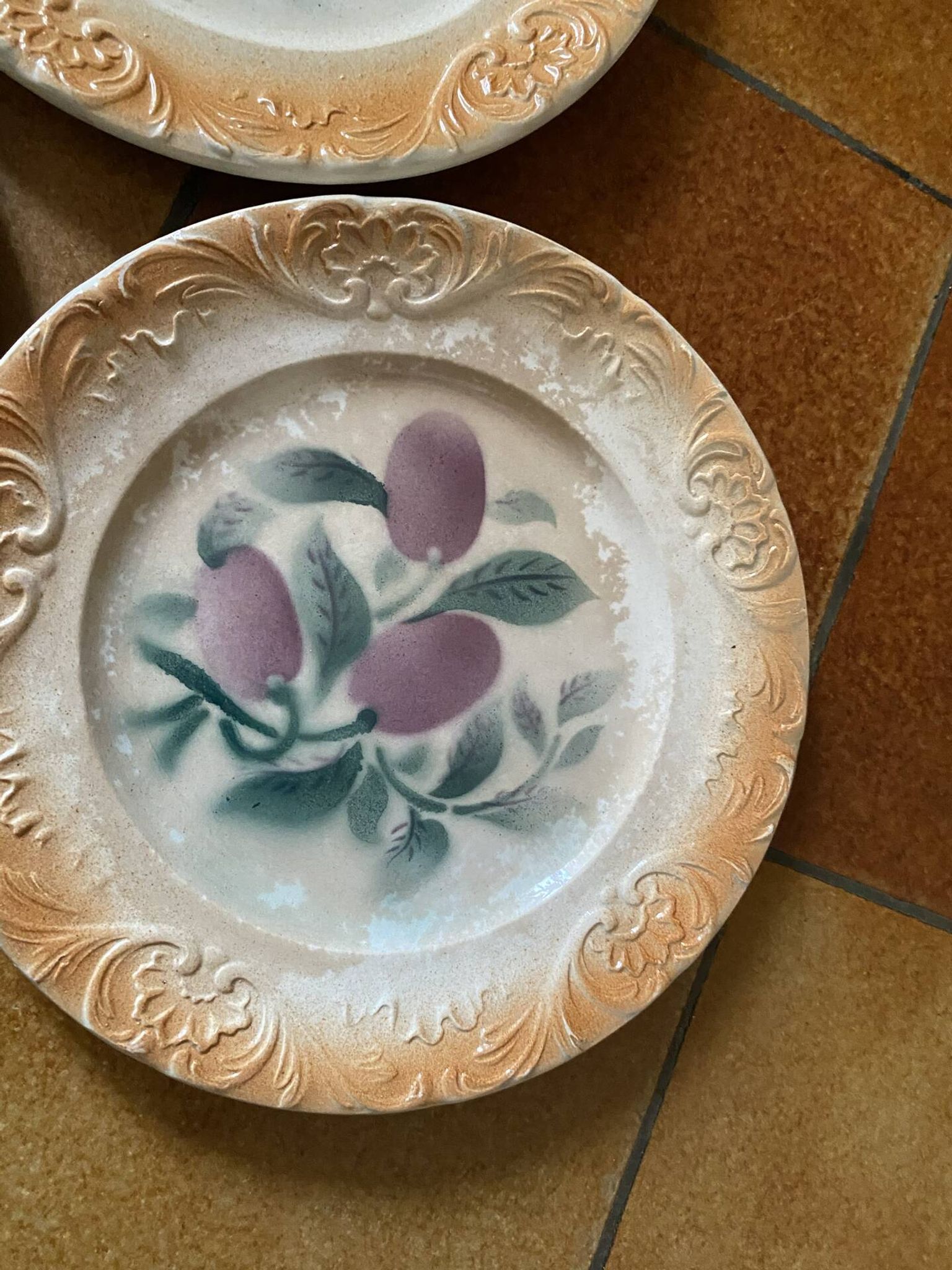 Old dessert plates in Digoin earthenware — Plum decoration (Lot