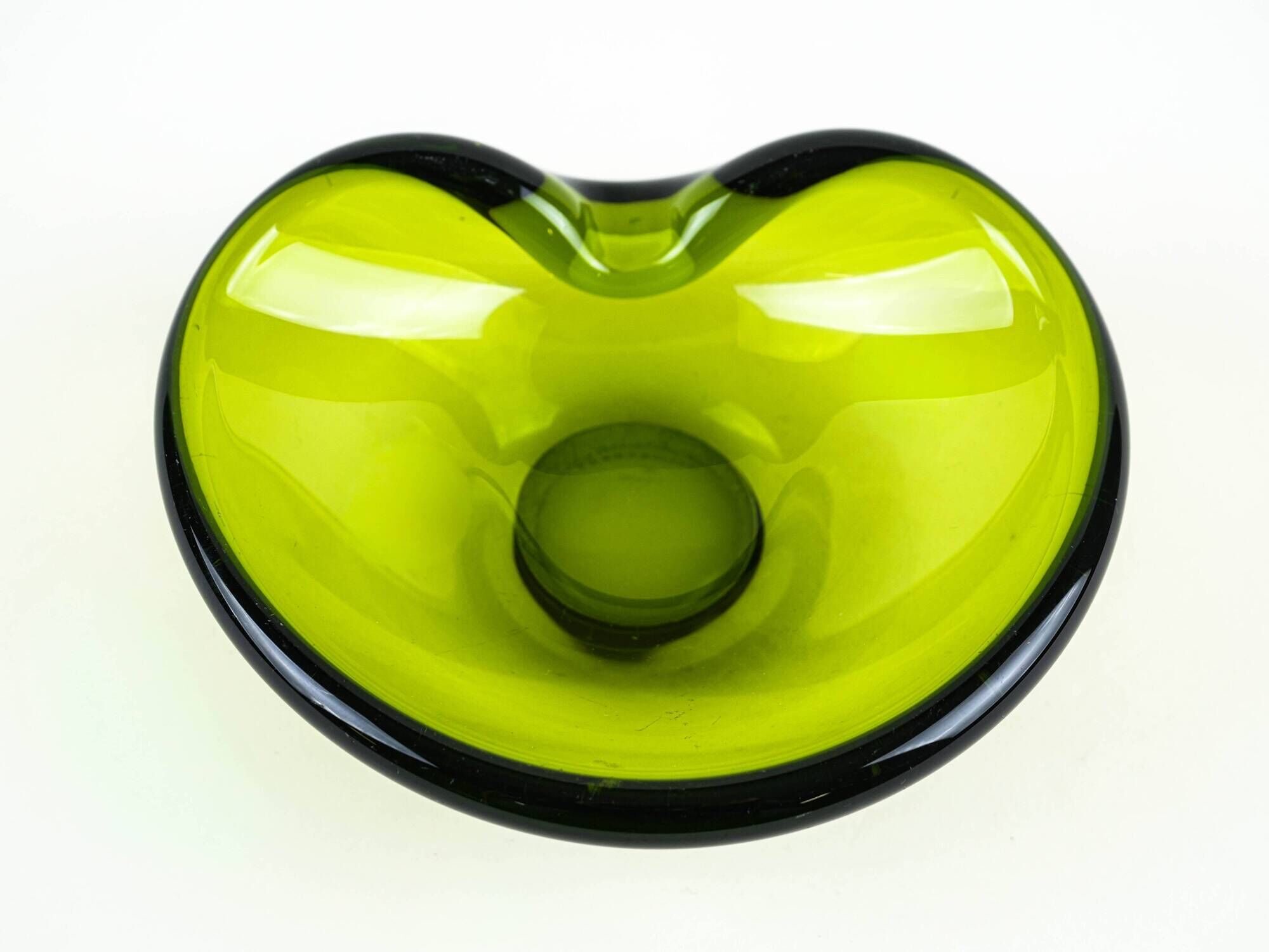 Holmegaard glass platter in olive green, organic form, Danish design, 1970s