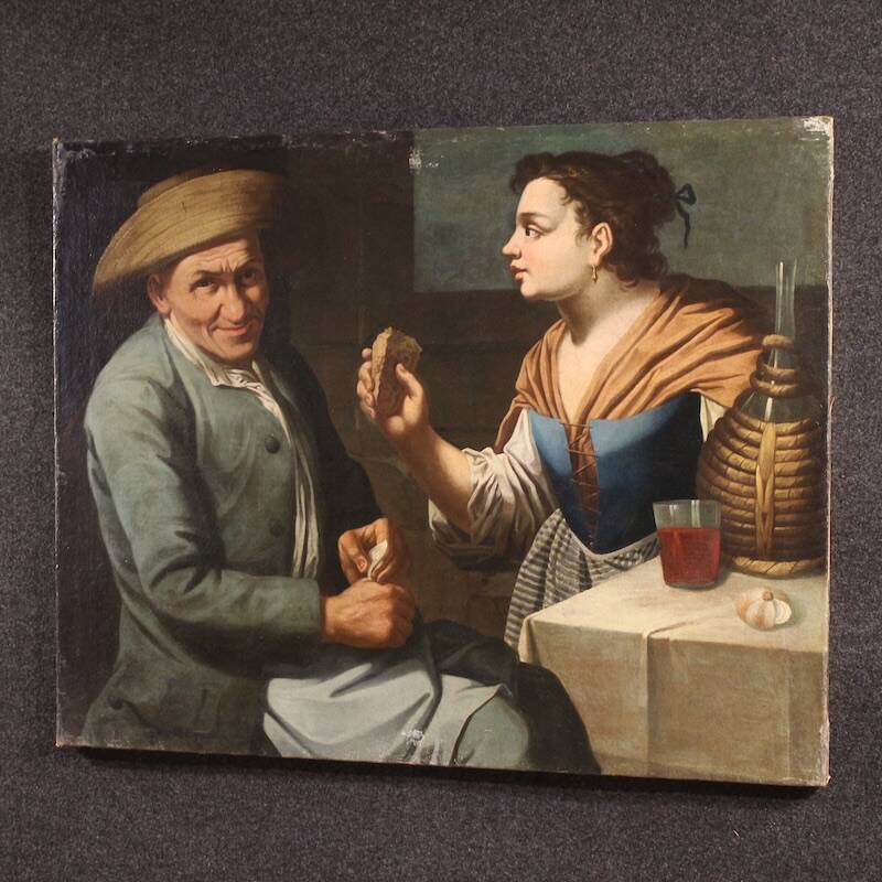 Antique Lombard painting from the 17th century, interior scene