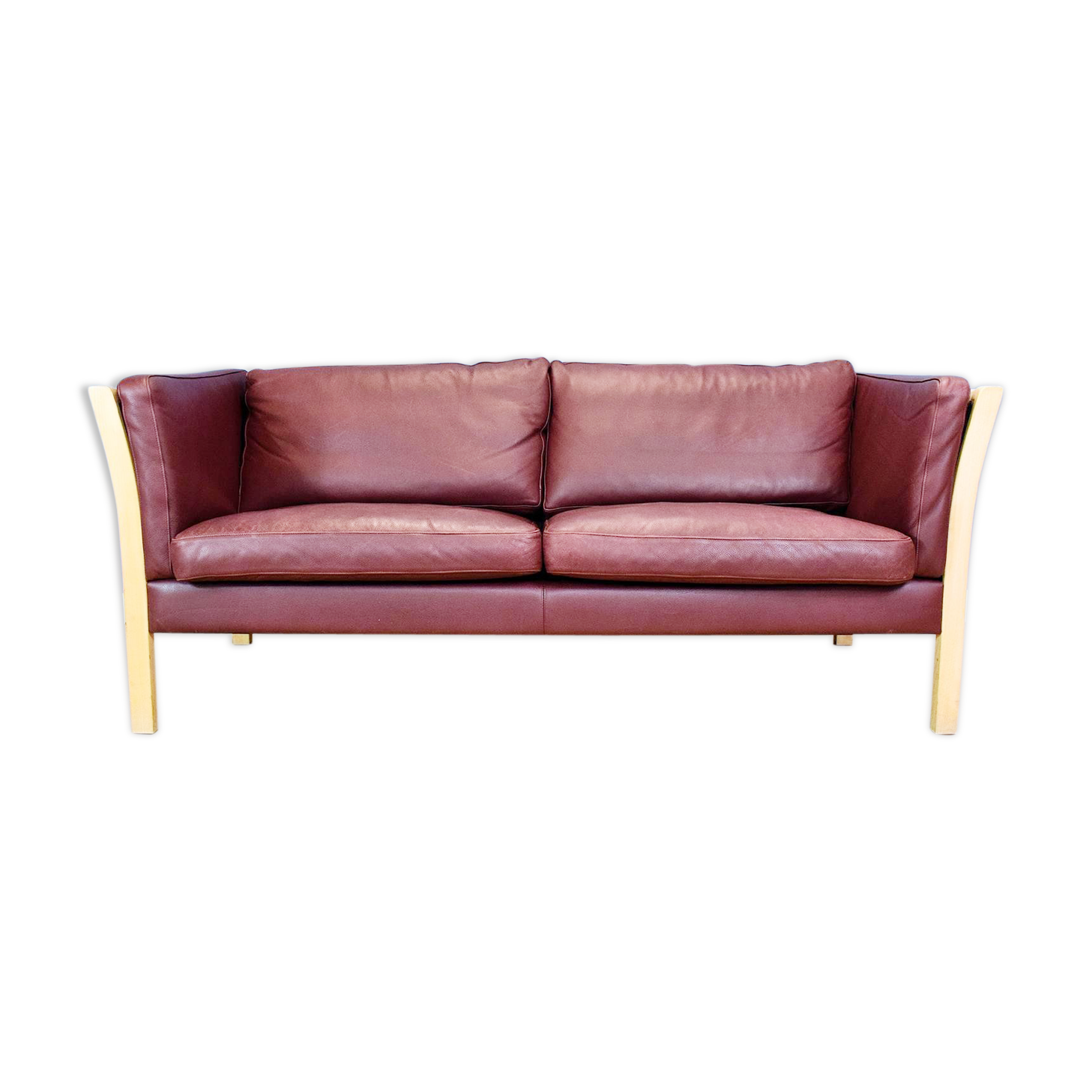 Mid century modern danish maroon leather & beech 2.5 seat sofa settee