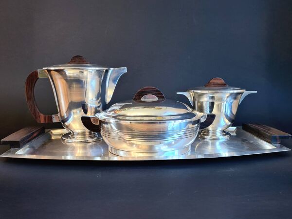 Service à thé & café art déco en métal argenté et ébène