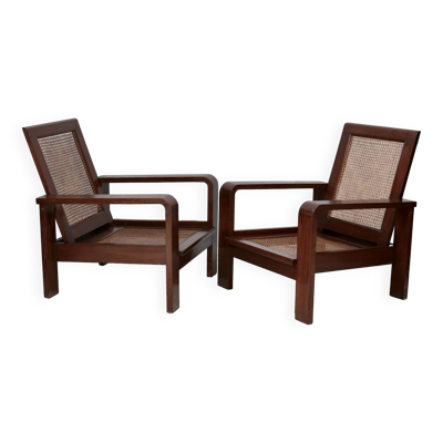 Paire de grands fauteuils. Bois et cannage. Circa 1960