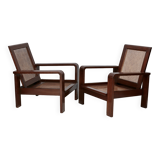 Pair of large armchairs. Wood and cane. Circa 1960