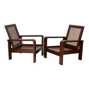 Pair of large armchairs. Wood and cane. Circa 1960