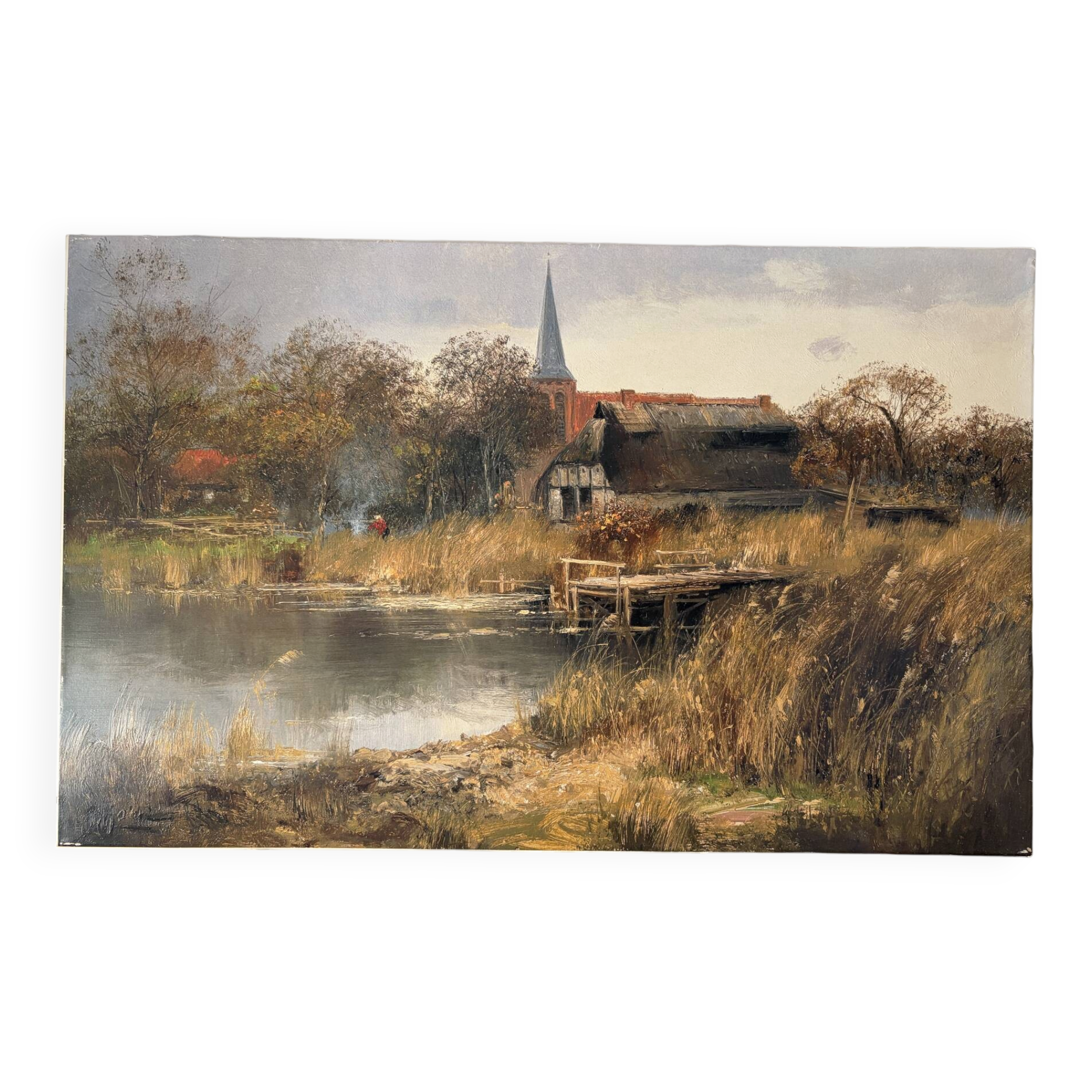 Village by the water, oil on paper signed
