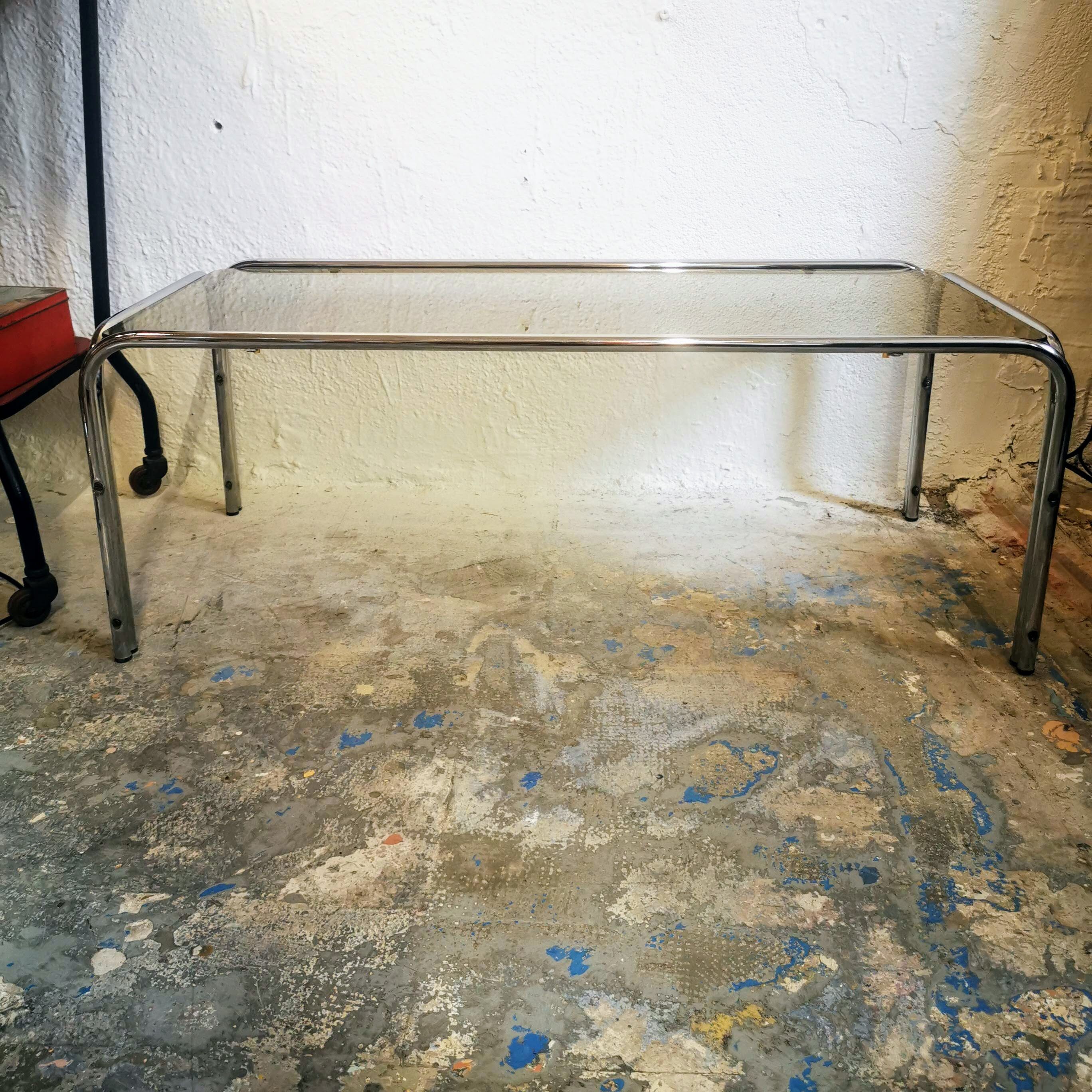 Vintage chrome metal coffee table and smoked glass tray, 70s