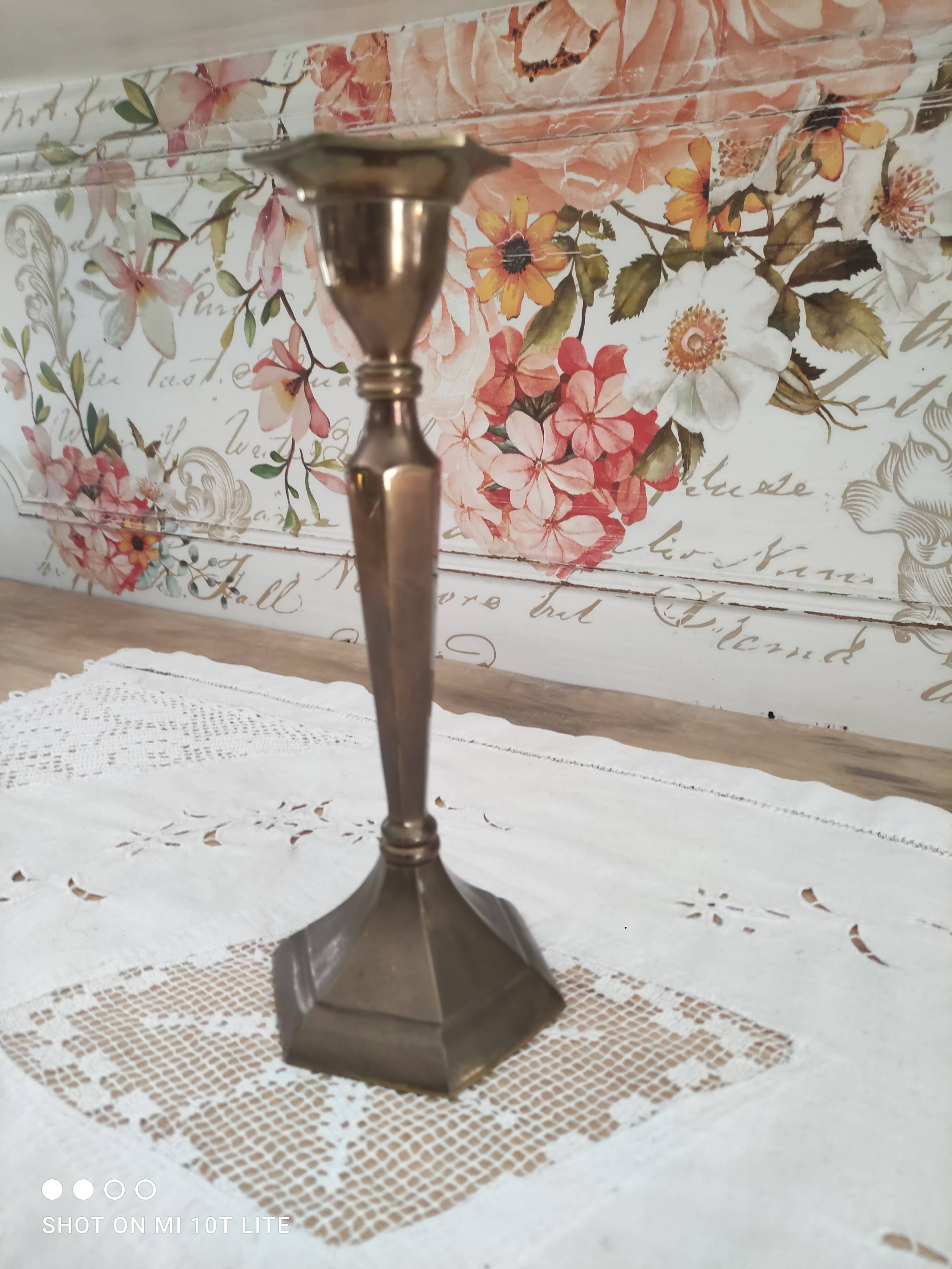 Brass candle holder high hexagonal foot