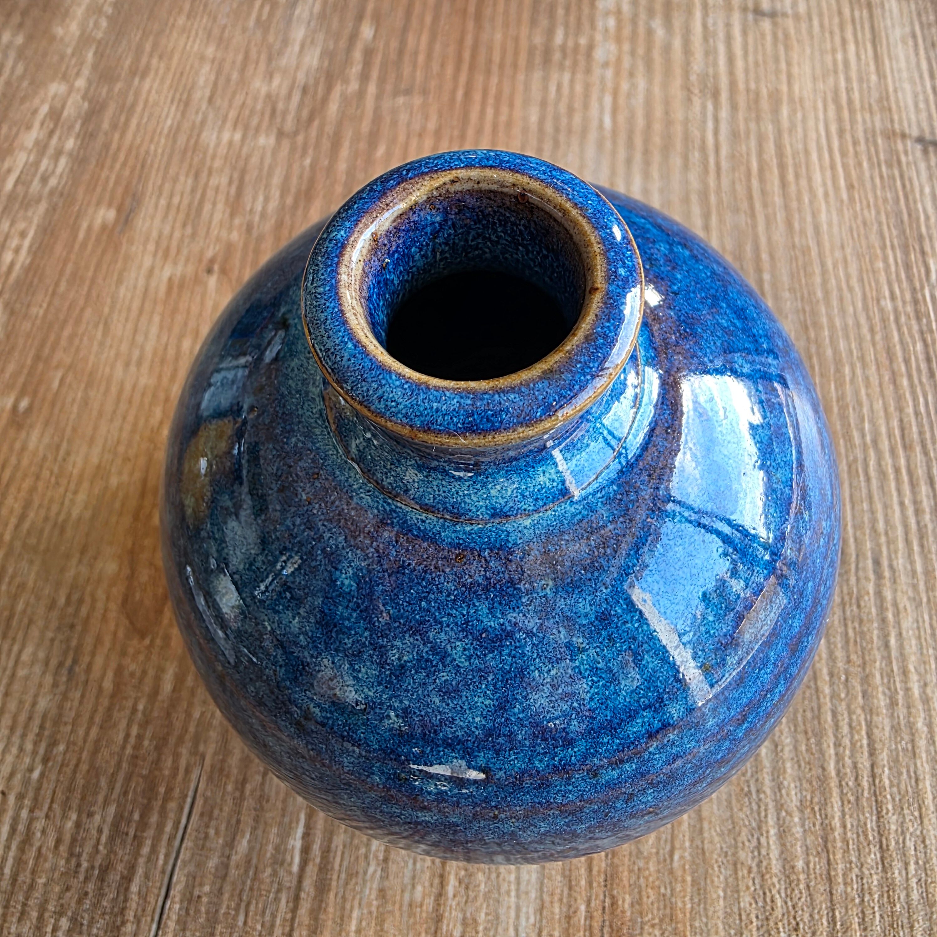 Vintage Glazed Stoneware Ball Vase - Deep Variegated Blue - Signed