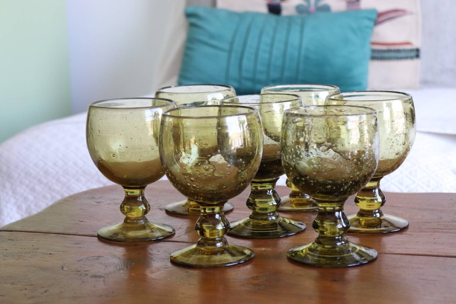 7 green biot stemmed glasses in bubbled glass