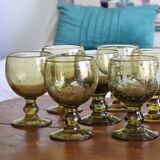 7 green biot stemmed glasses in bubbled glass