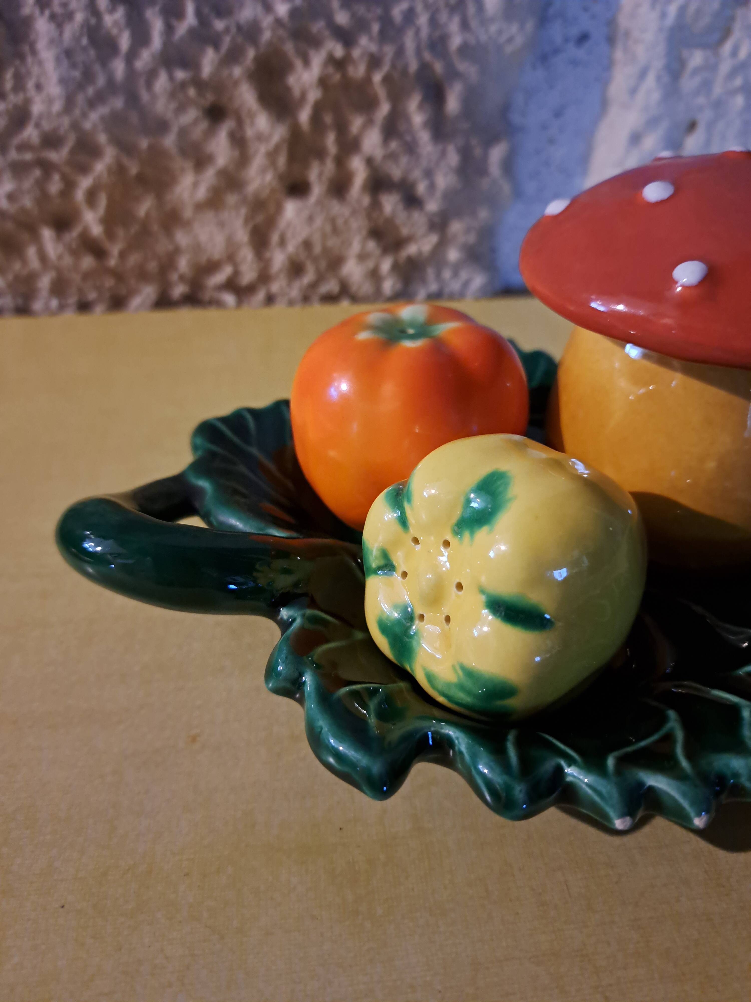 Salt shaker, pepper shaker, mustard slushie Vallauris vegetable and mushroom service