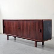 Vintage enfilade in teak and leather, 1970s.