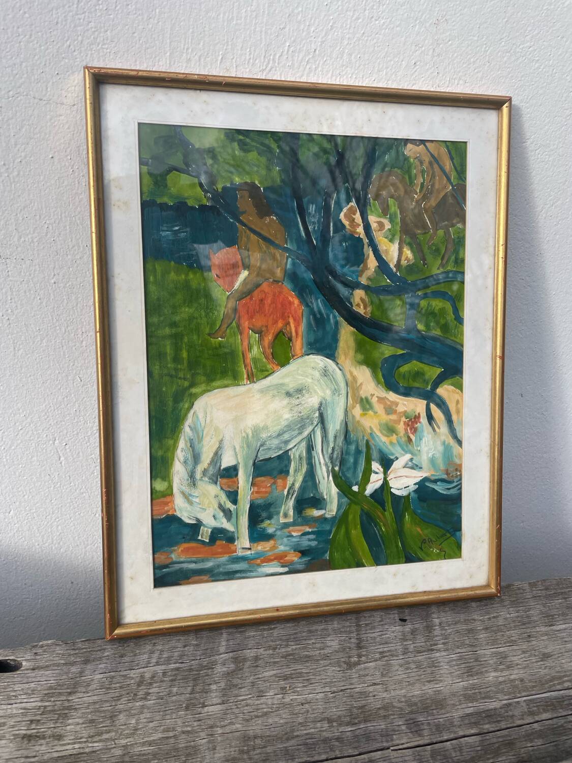 Gauguin style painting with gilded wooden frame