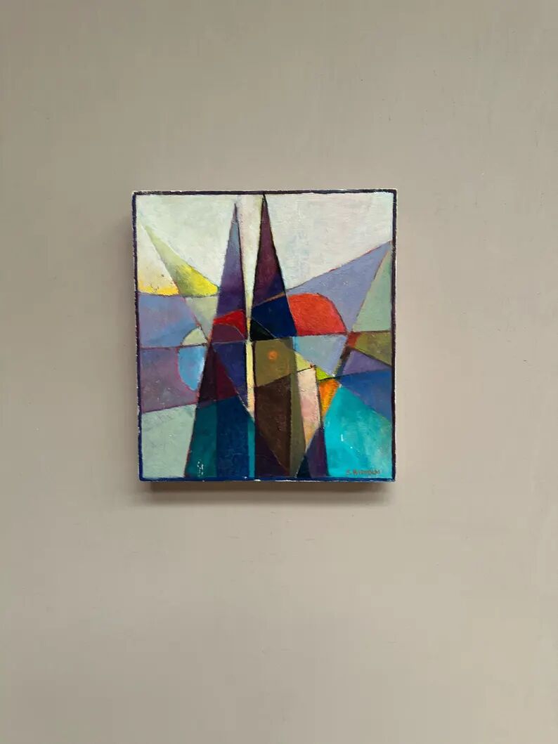 Oil on Swedish panel – 'Geometric Composition' by Stellan Widholm – Signed – vintage and framed – 35 × 32 × 5 cm