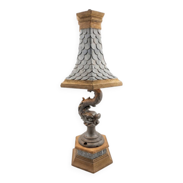 Monumental lamp with a dolphin in cast iron and lead scales - 110cm