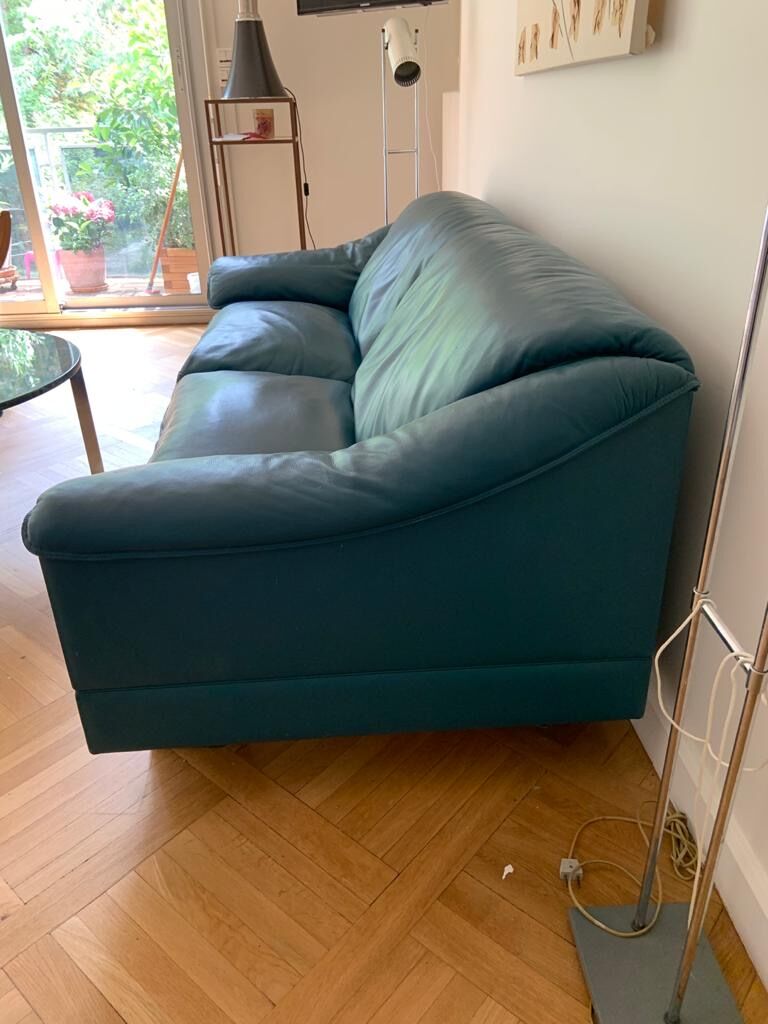 Blue Leather Sofa Oil Poltrona Frau Italy 1980s
