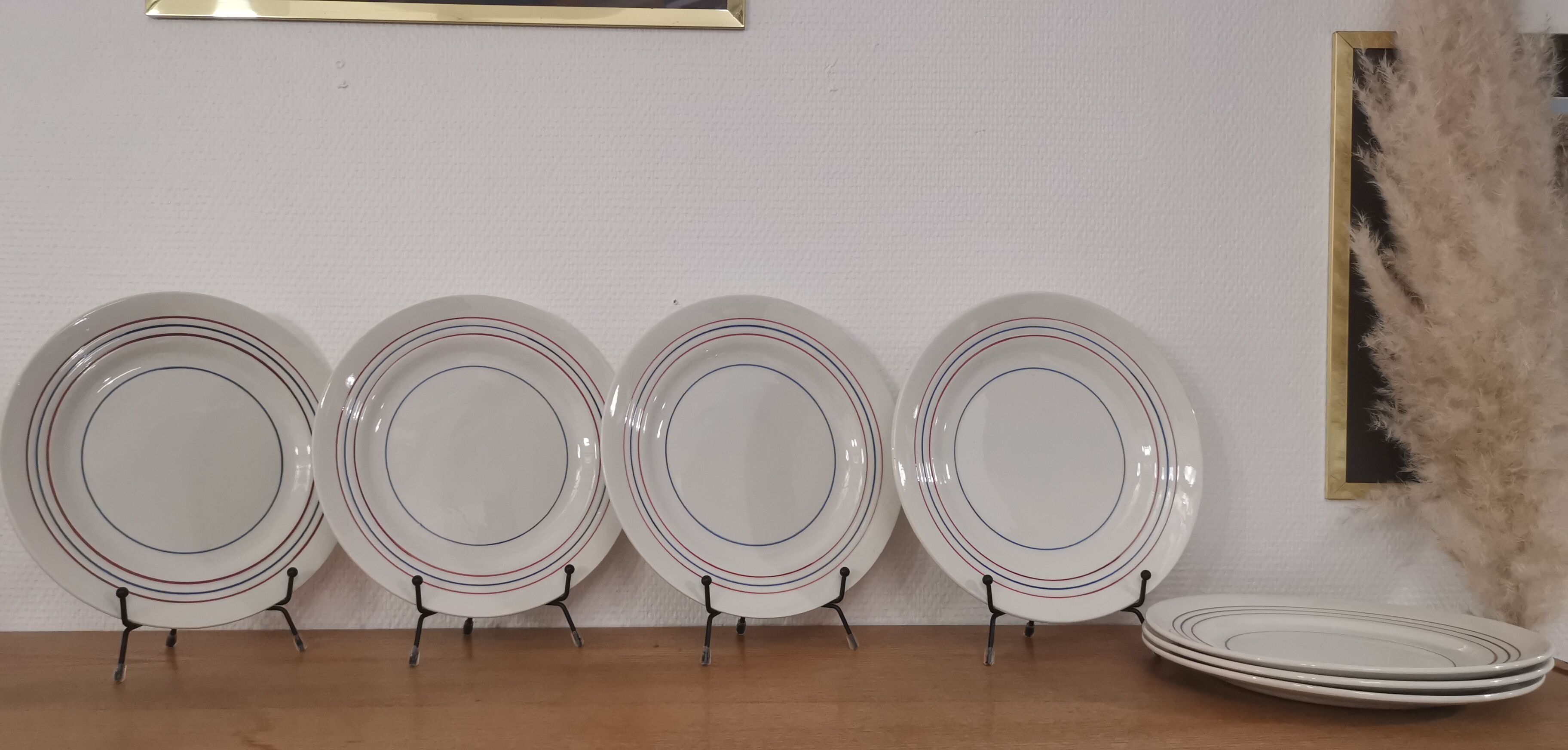 Set of 7 flat plates CERANORD St AMAND décor blue and red lines French Antique
