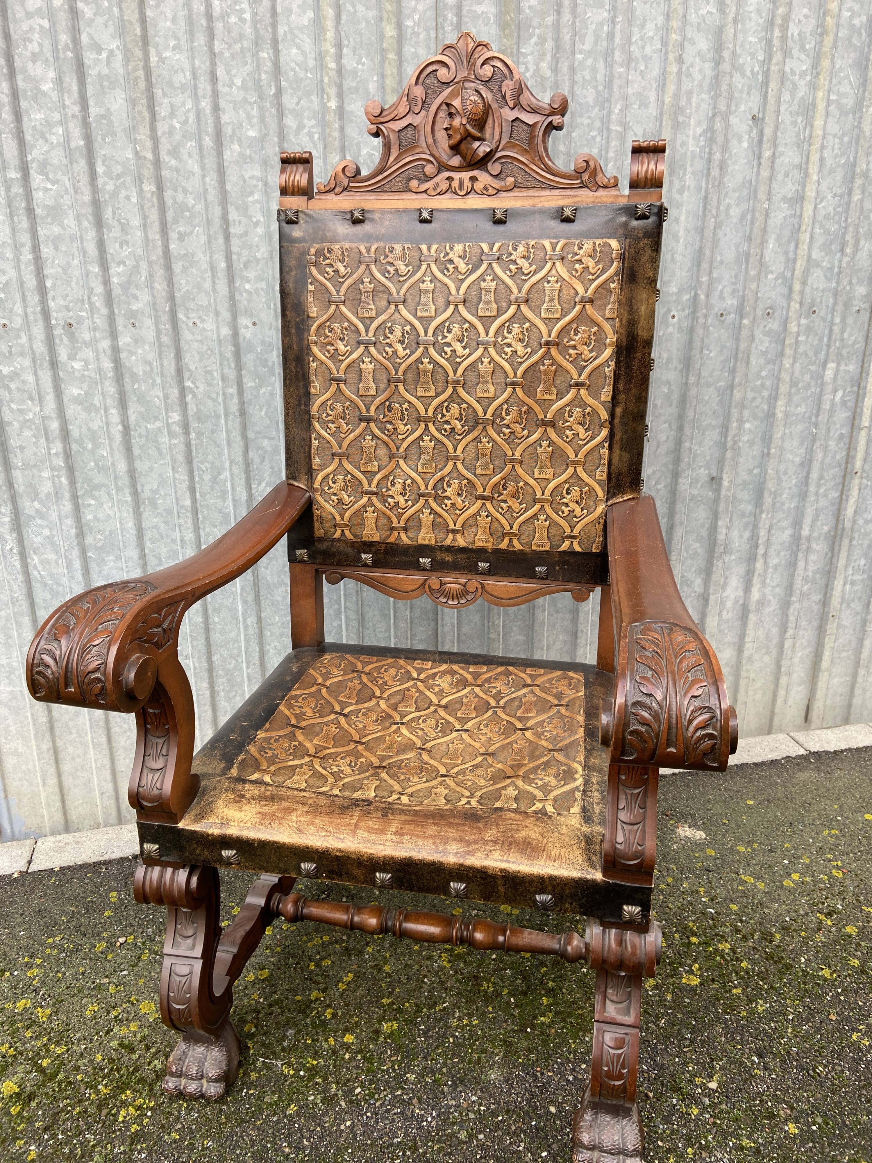 Pair of Throne Armchairs Spanish Renaissance style French Spanish armchair leather from Cordoba 1960s