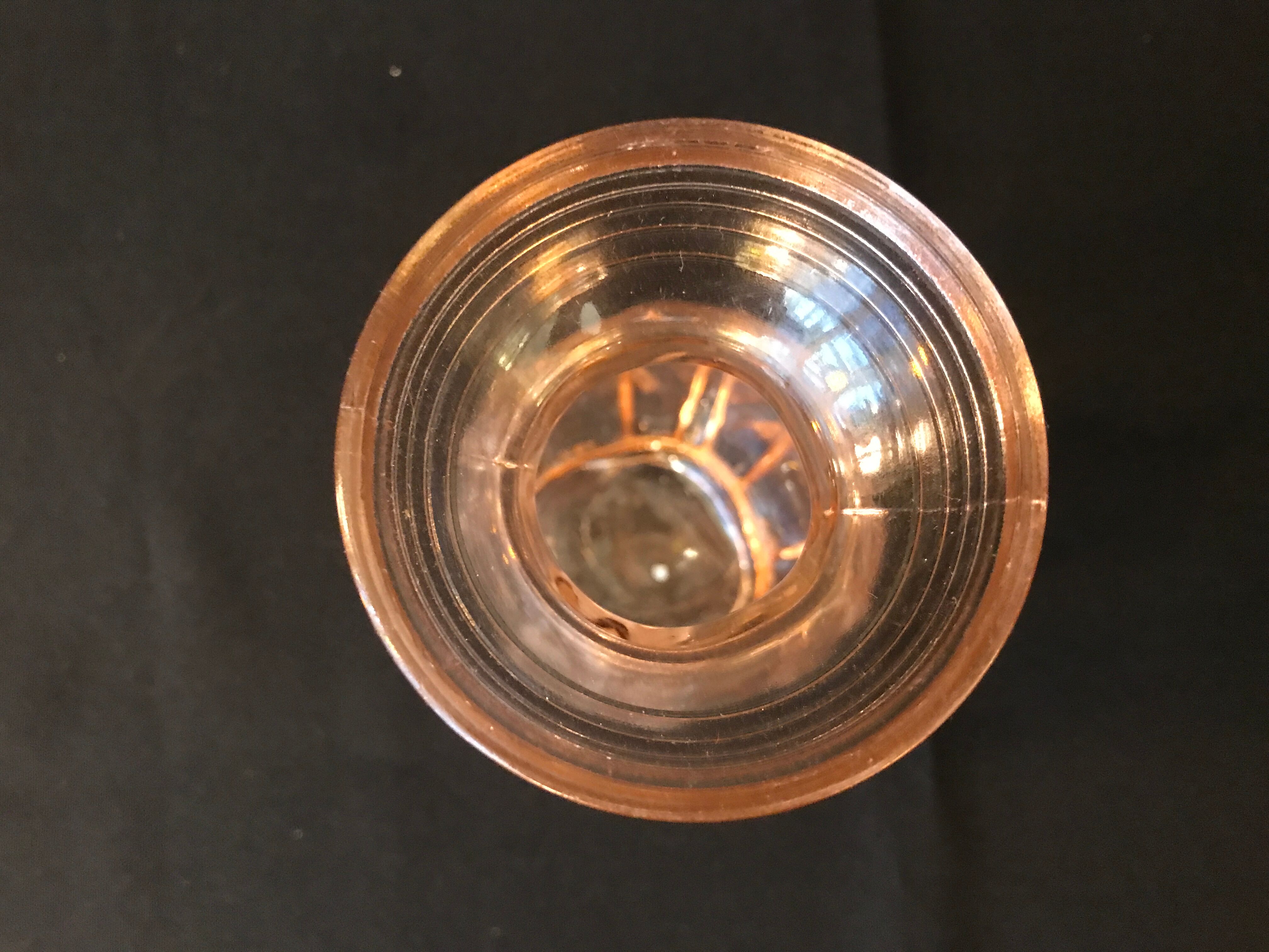 Antique art deco hyacinth vase in pink molded glass leaf pattern