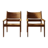 Pair of vintage wooden armchairs with leather upholstery, 20th century, 75 × 56 × 65 cm