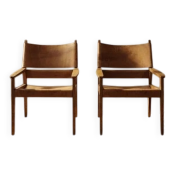 Pair of vintage wooden armchairs with leather upholstery, 20th century, 75 × 56 × 65 cm