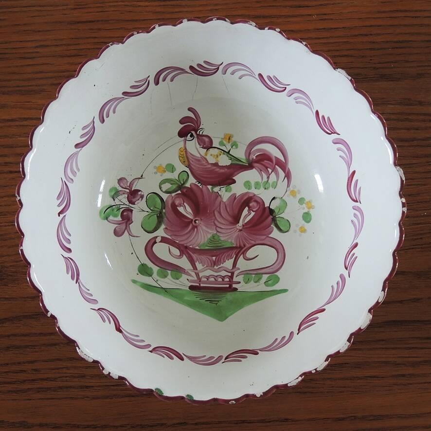 Antique Saint Clément Style Earthenware Rooster Salad Bowl