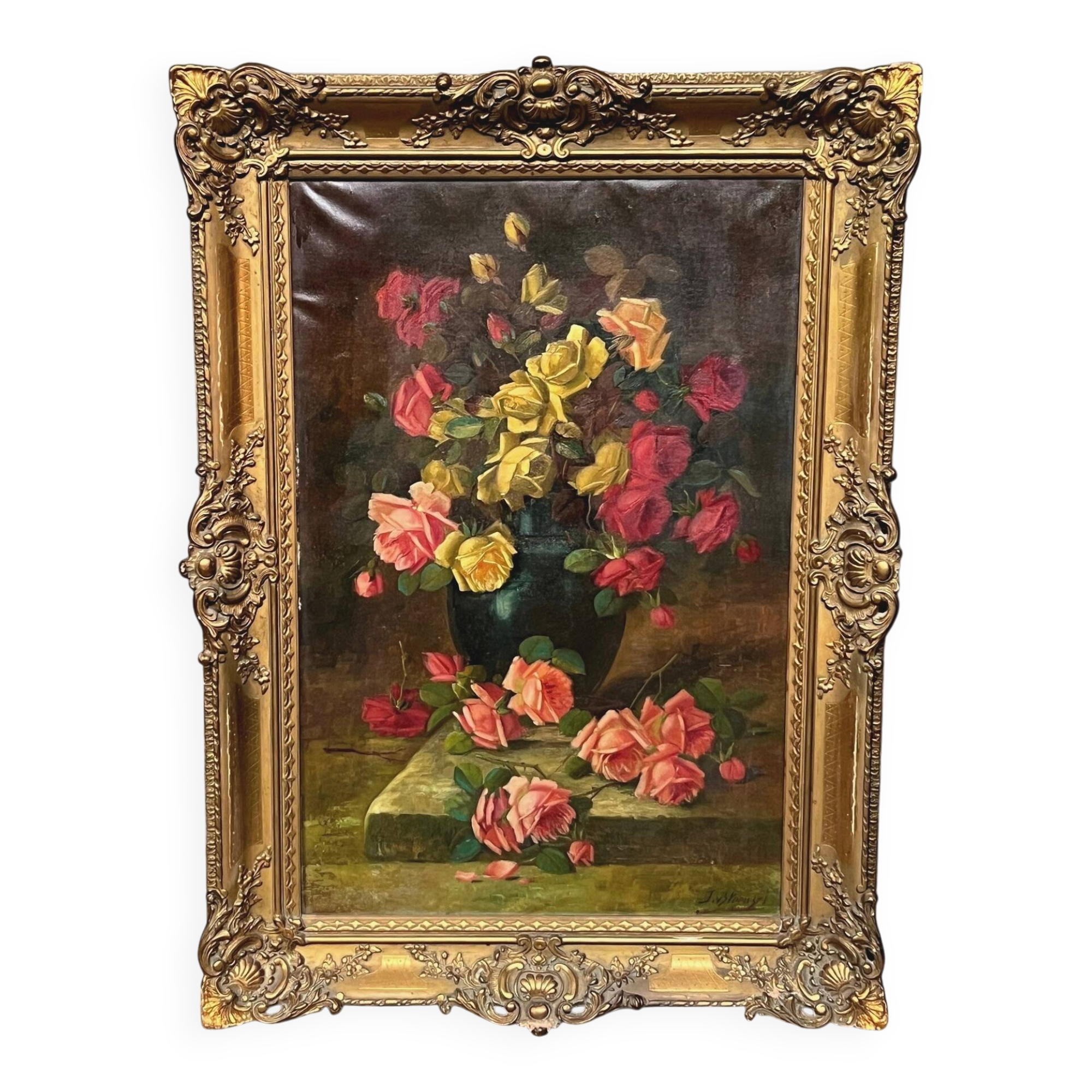 Old still life signed with roses.